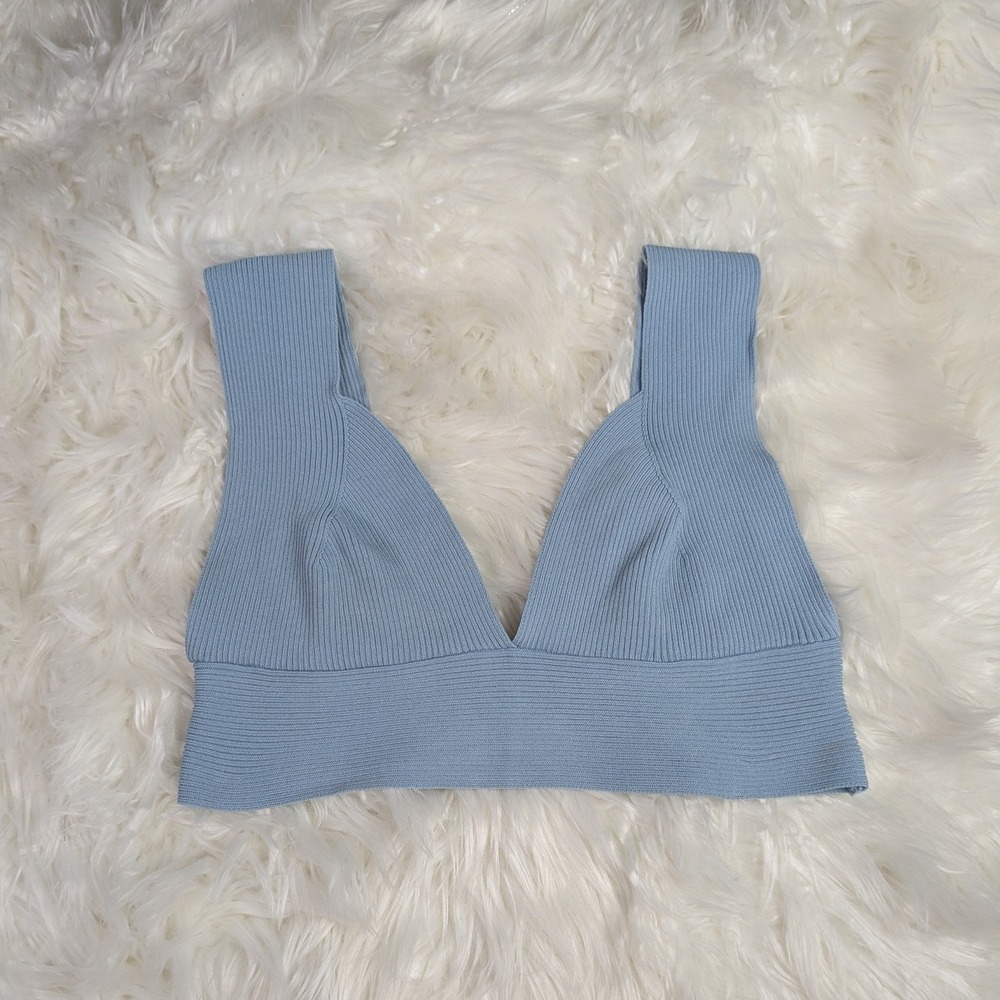 Dreamers by Debut Womens Ribbed Knit V-Neck Bralette Crop Top Dusty Blue Large